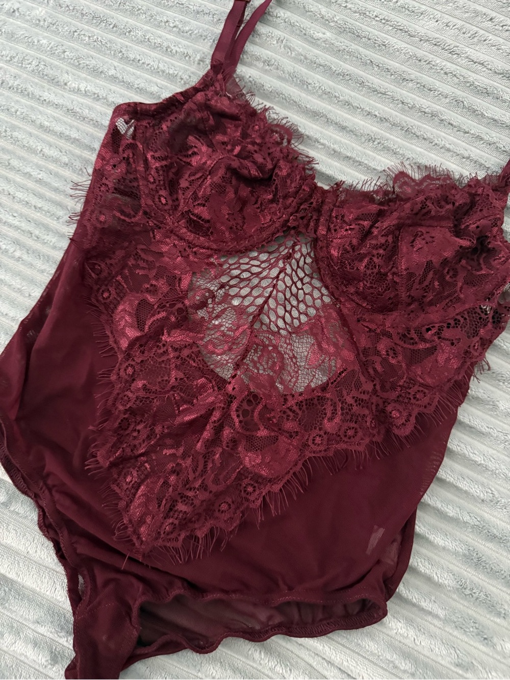 Lace Trim Burgundy Chemise Bodysuit